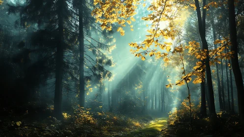 Cathedral of Light: Where Golden Autumn Whispers Meet Emerald Mist