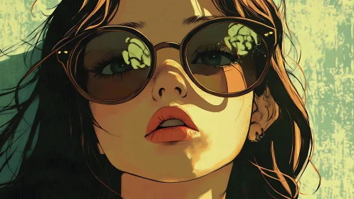 Sunlit portrait of girl in oversized reflective sunglasses.