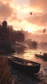 Harbor sunset draped in mist with quiet boats at rest.