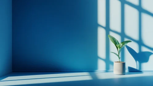 Sunlit corner with a single green plant in calm blue light.