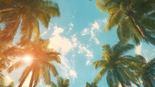 Sunlit tropical palms rendered from cinematic low angle.