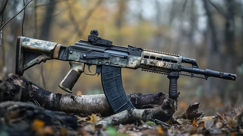 Camo-pattern tactical rifle rests on a log in autumn forest