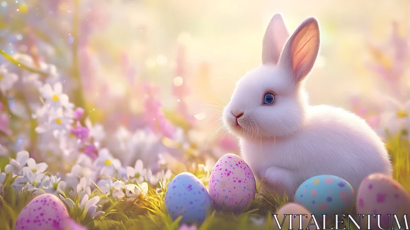 Pastel spring bunny beside colorful speckled eggs.