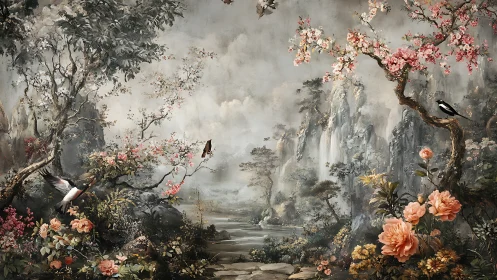 Gentle birds and blossoms share a misty mountain garden scene