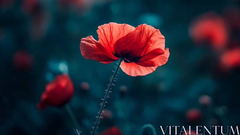 Red poppy flower in sharp focus against soft teal backdrop