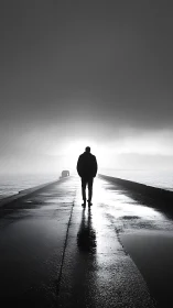 Solitary person walks on wet pier toward intense backlight