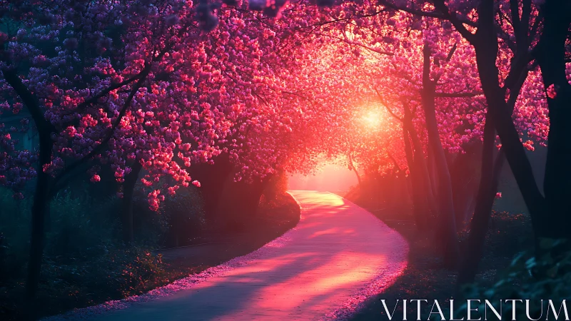 Sunlit cherry blossom path glows with dreamy evening color