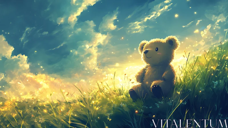 Sunlit teddy bear rests in a glowing meadow of dreams.