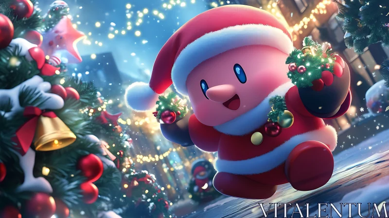 Festive pink character in Santa costume under bokeh holiday lighting