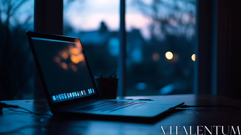 Quiet laptop workspace glows gently against the evening window