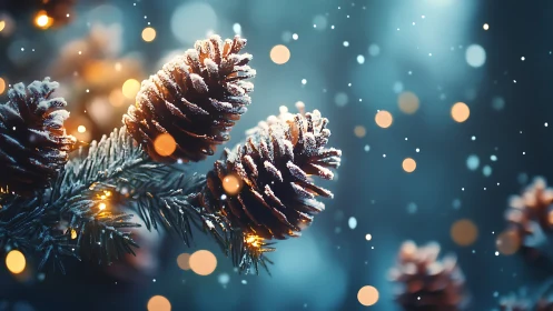 Snow dusted pine cones on lit evergreen branch at night