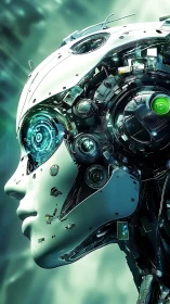 Futuristic cybernetic android head with exposed mechanics.