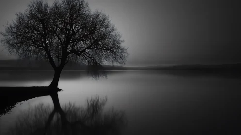 Solitary lakeside tree stands in tranquil monochrome mist