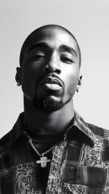 High-contrast monochrome portrait with jewelry and patterned shirt.