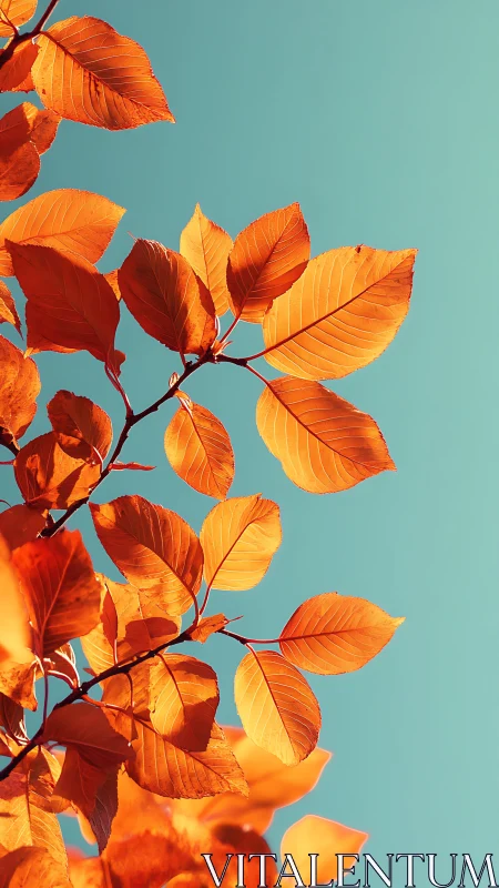 Autumn beech foliage against minimal cyan sky backdrop.