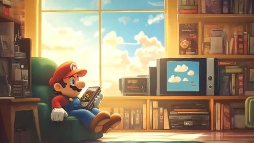 Mario character relaxing in cozy retro gaming room.
