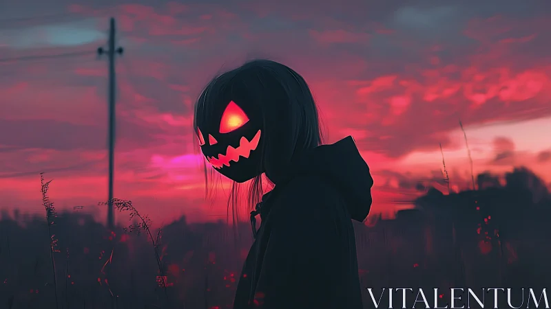 Glowing pumpkin mask smiles softly against a dreamy dusk sky