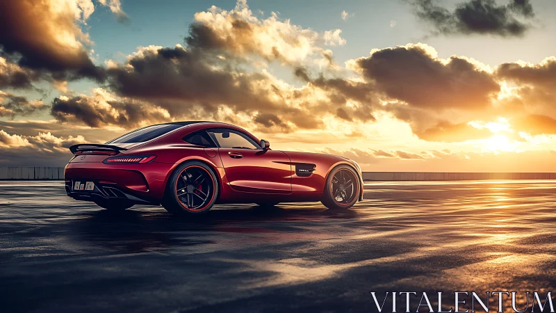 Photorealistic sports coupe in golden hour coastal staging.