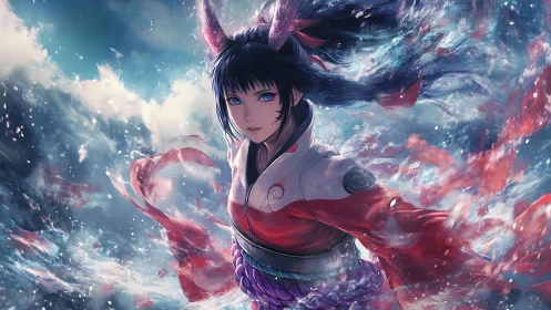 Storm dancer in red kimono swirling through painted sky.