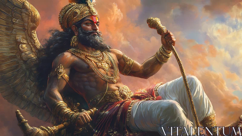 Winged mythic guardian reclining in radiant storm clouds.