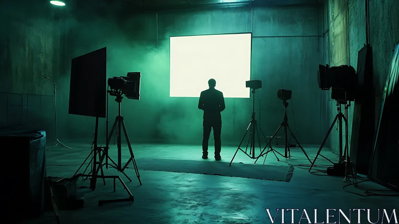 Backlit filmmaker in moody green studio environment.
