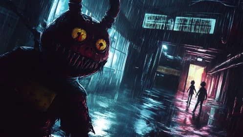 Night rain reveals a lurking monster and two wary children