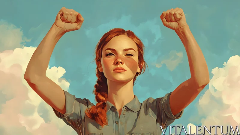 Confident young woman raising fists in empowering digital painting.