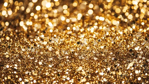 Macro gold glitter bokeh field with layered specular highlights.