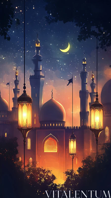 Lantern-lit moonrise above a golden desert palace dreamscape.