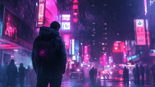 Solitary figure walks through neon city streets in rain