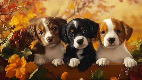 Three autumn puppies framed by colorful fall foliage.