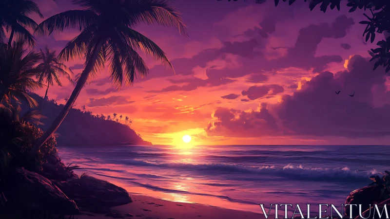 Digital painting of tropical sunset shoreline with palm silhouettes.