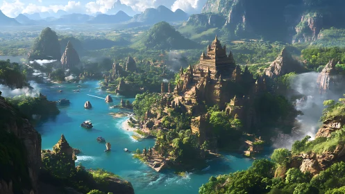 Digital painting of temple delta within lush river valley.