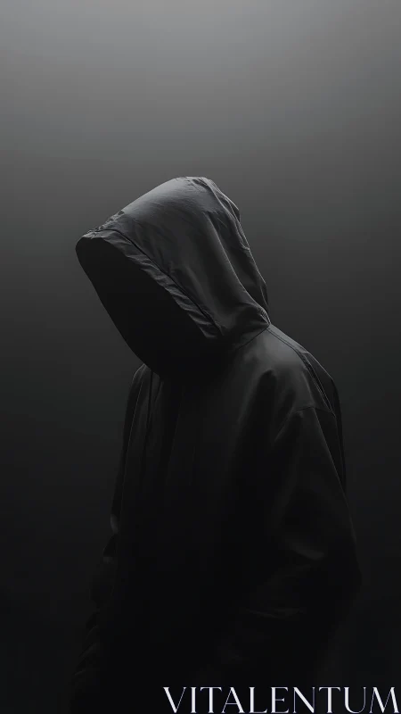 Hooded figure stands in dark gradient light with face obscured