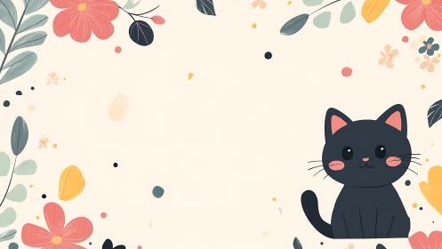 Black cat sitting among stylized floral and botanical elements