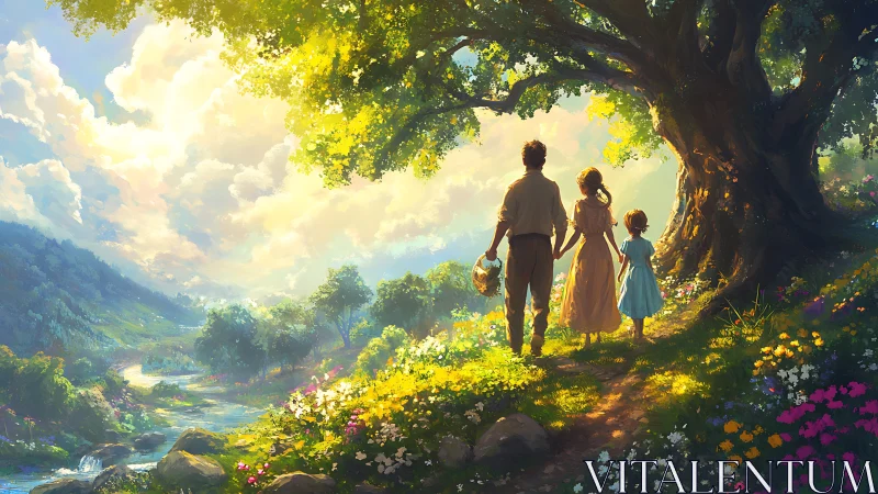 Sunlit family stroll celebrates quiet love beneath old tree