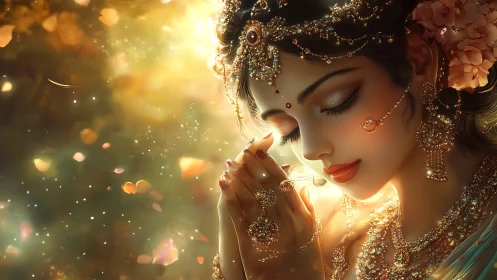Golden-lit goddess in jeweled serenity and drifting petals.