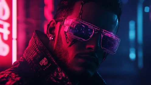 Neon cyberpunk rebel in reflective AR visor at night.