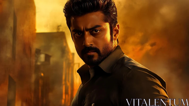 Intense male portrait amid cinematic golden smoke backdrop.