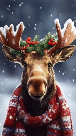 Snow-dusted moose in festive knit scarf and evergreen crown.
