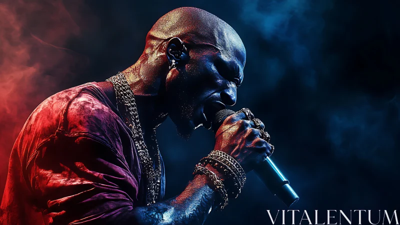 Smoke-sliced spotlight crowns a roaring gravel-voiced singer