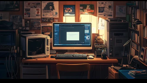 Sunlit hacker desk crammed with retro tech and quiet secrets.