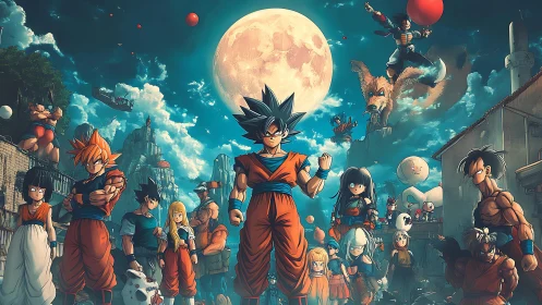 Lunar-lit anime battle ensemble in dense atmospheric panorama.