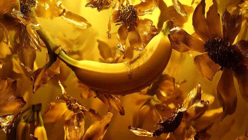 Golden banana floats amid translucent metallic flowers