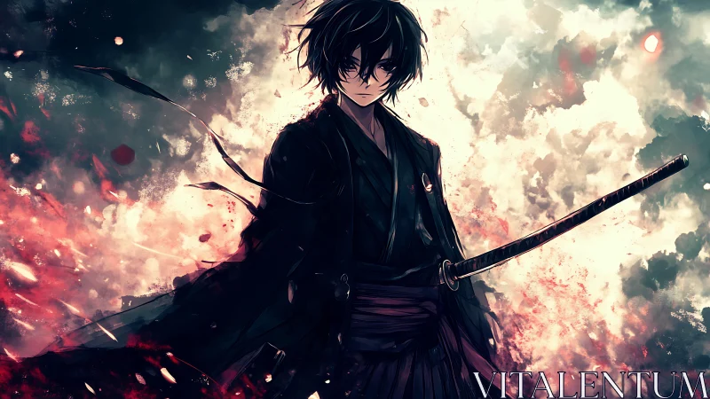 Sword-wielding figure stands before turbulent, abstract sky