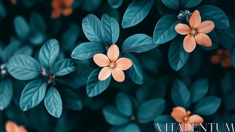 Coral Blossoms Among Teal Foliage
