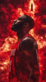 Basketball portrait in red flames with ascending rocket trail.