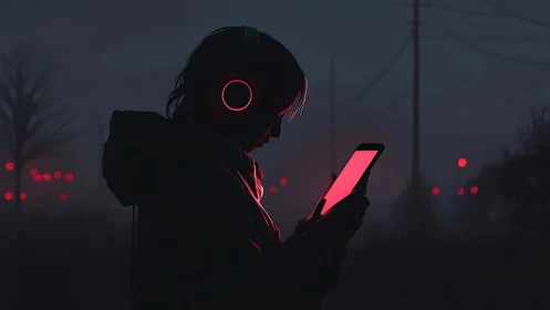 Soft neon night walk with headphones and glowing screen.
