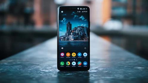 Smartphone displaying urban skyline with illuminated app interface