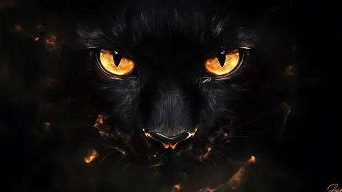 Black cat close-up with glowing orange eyes in dark field.